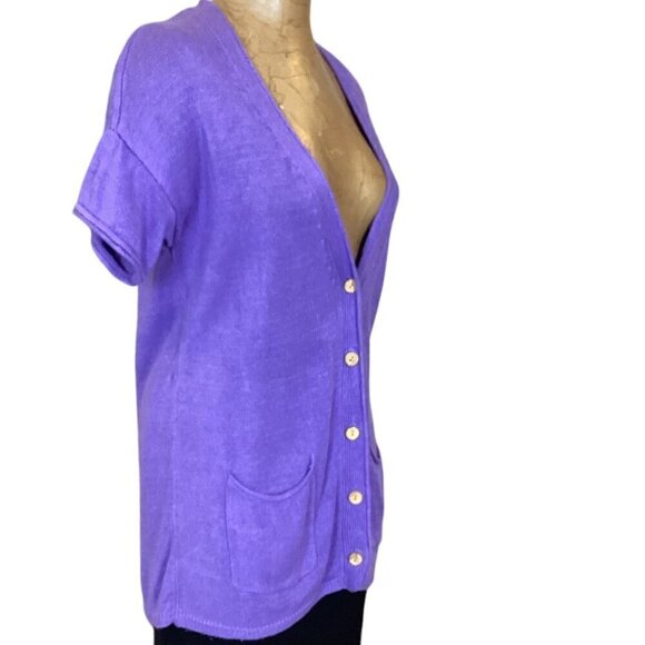 J Jill Longline Short Sleeve V-Neck Cardigan Sz M Purple Linen Rayon Bamboo 276H - Picture 3 of 9